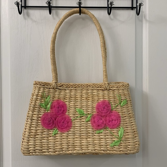 Handbags - Mesh Flower Design Straw Bag